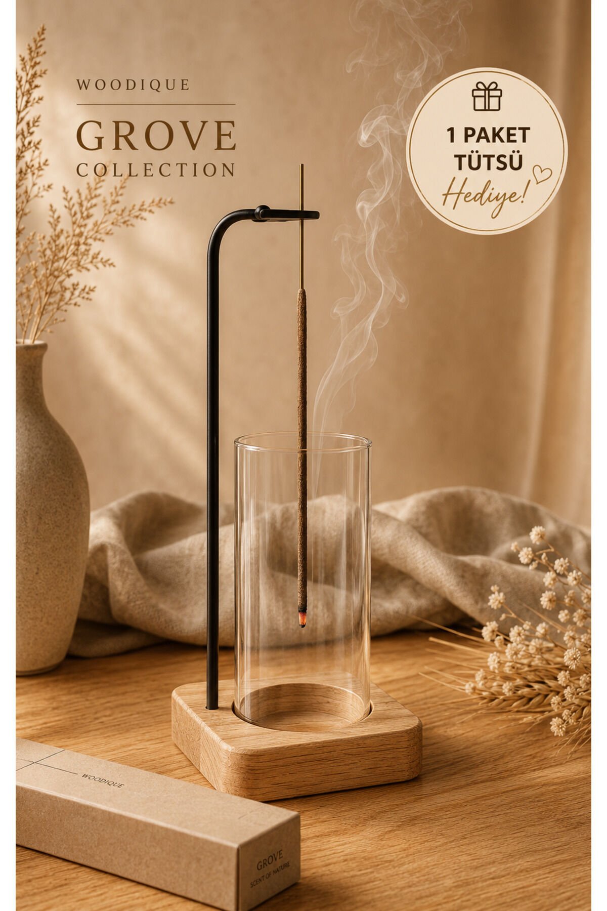 RİTÜEL SERİSİ Dekoratif Ahşap Tütsülük ve Meditasyon Aksesuarı |1 Paket Tütsü Hediyeli 10x27 cm