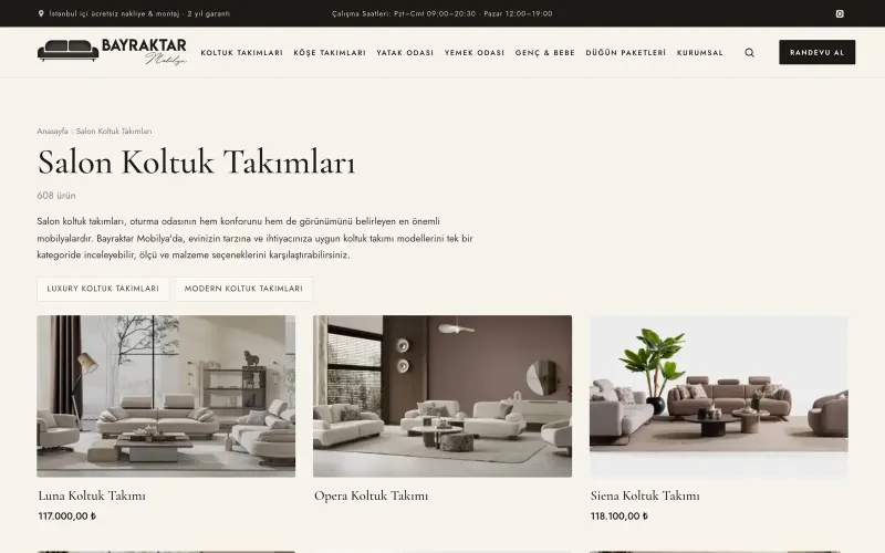 Bayraktar Mobilya kategori sayfası — büyük yatay ürün kartları
