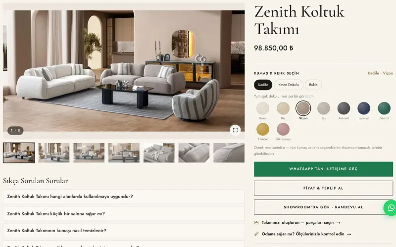 Ürün sayfasında kumaş ve renk seçici