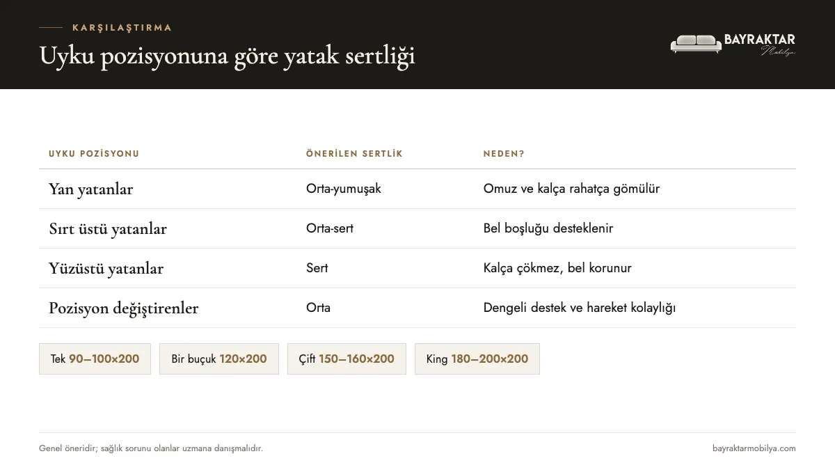 Uyku pozisyonuna göre önerilen yatak sertliği ve standart yatak ölçüleri