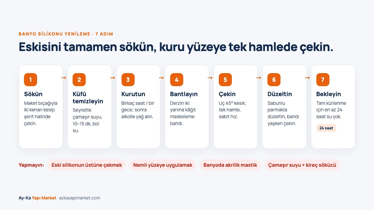 Banyo silikonu yenileme: sökmeden 24 saat beklemeye 7 adım