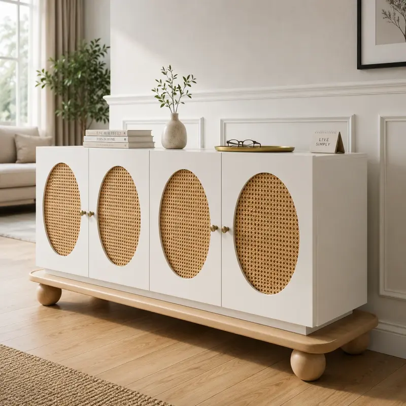 Boho Rattan Detaylı Oval Kapaklı Konsol