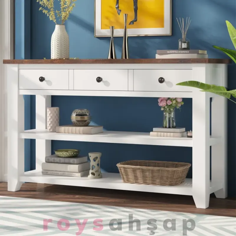 Roys Ahşap 140 Cm Beyaz Üstü Koyu Ceviz 3 Çekmeceli Masif Dresuar