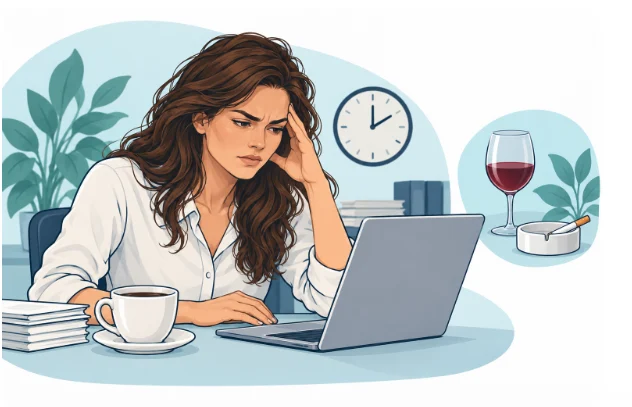 Stressed woman at a laptop with coffee, wine and a cigarette — possible factors linked to bruxism