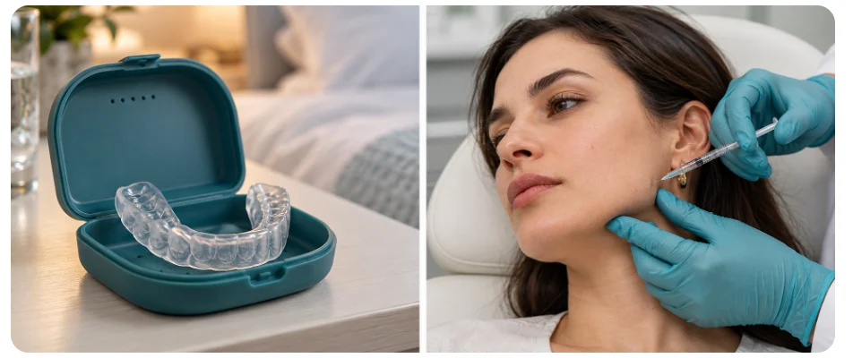 A clear night guard (occlusal splint) and a botulinum toxin injection into the jaw muscle