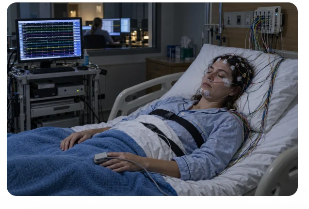 Patient sleeping during a polysomnography sleep study in a sleep laboratory