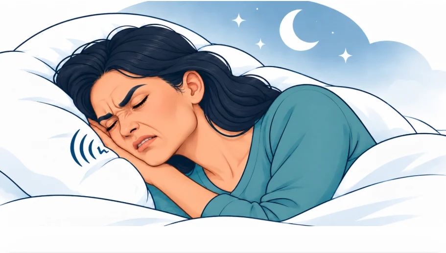 Woman clenching her teeth while asleep — sleep bruxism illustration